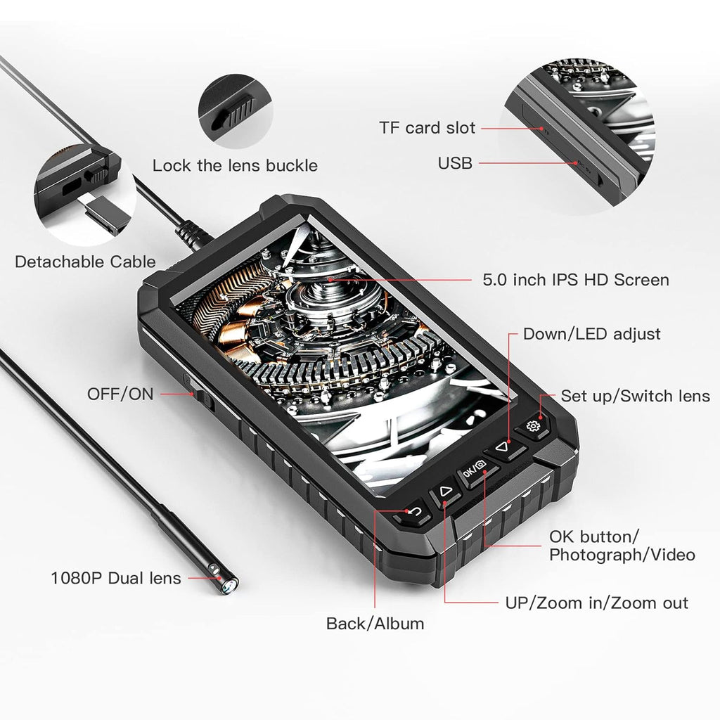 Dual Lens Borescope Inspection Camera with 16.5FT Detachable Semi-Rigid Cable, Pack of 2 B8835