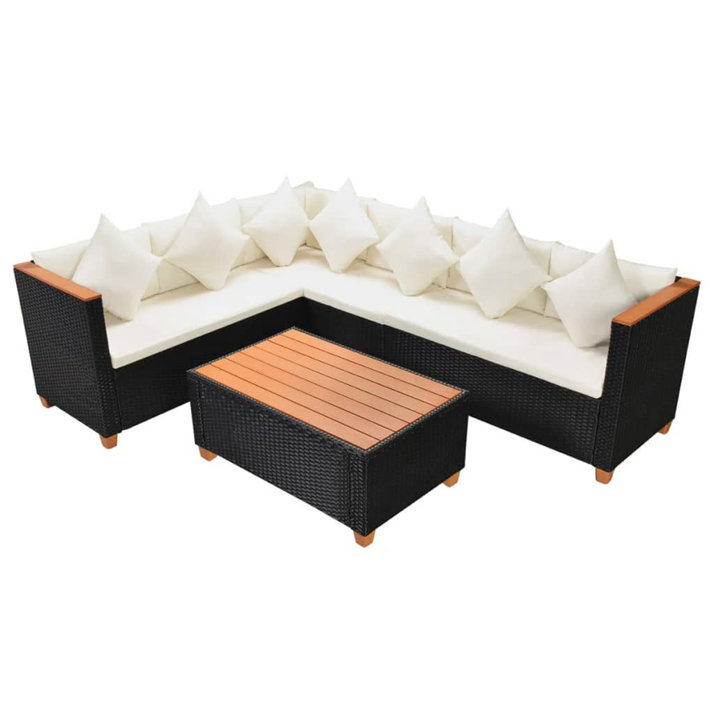 4 Piece Patio Lounge Set with White Cushions Black Poly Rattan 2-Seater Sofas with Corner Sofa and Coffee Table Q762