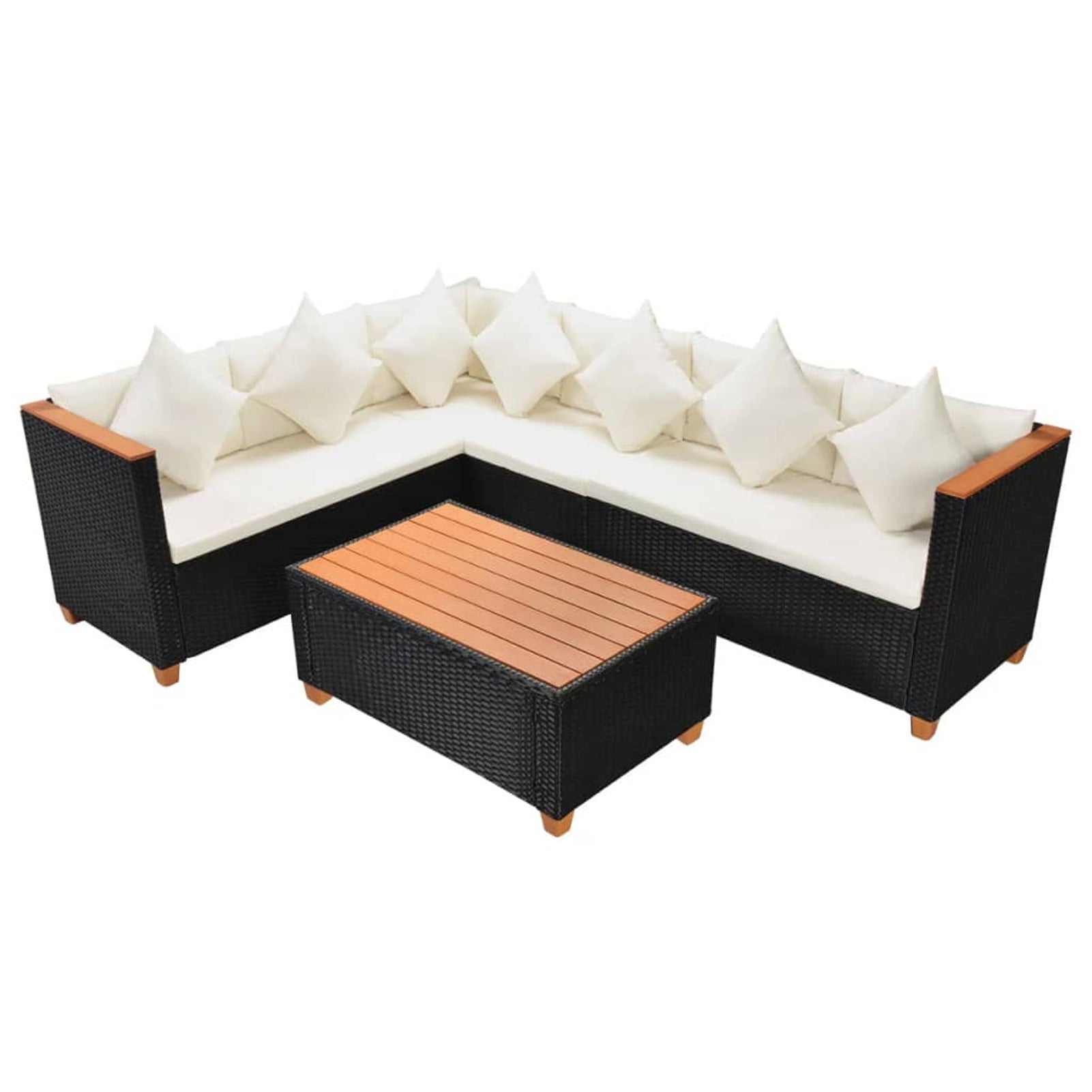4 Piece Patio Lounge Set with White Cushions Black Poly Rattan 2-Seater Sofas with Corner Sofa and Coffee Table Q762