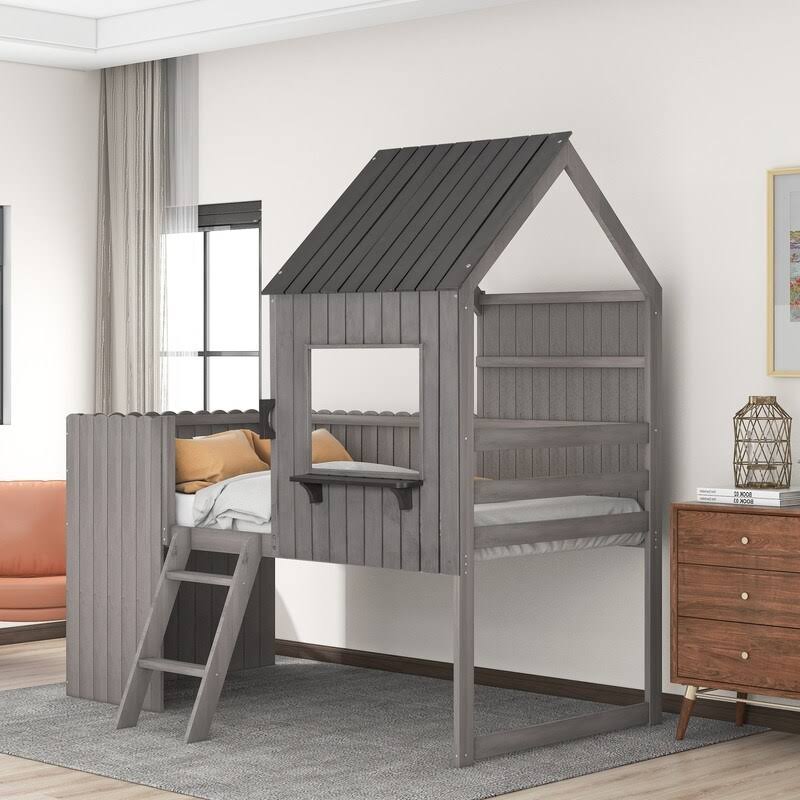 Twin Wood Loft Bed with Guardrail and Ladder H375