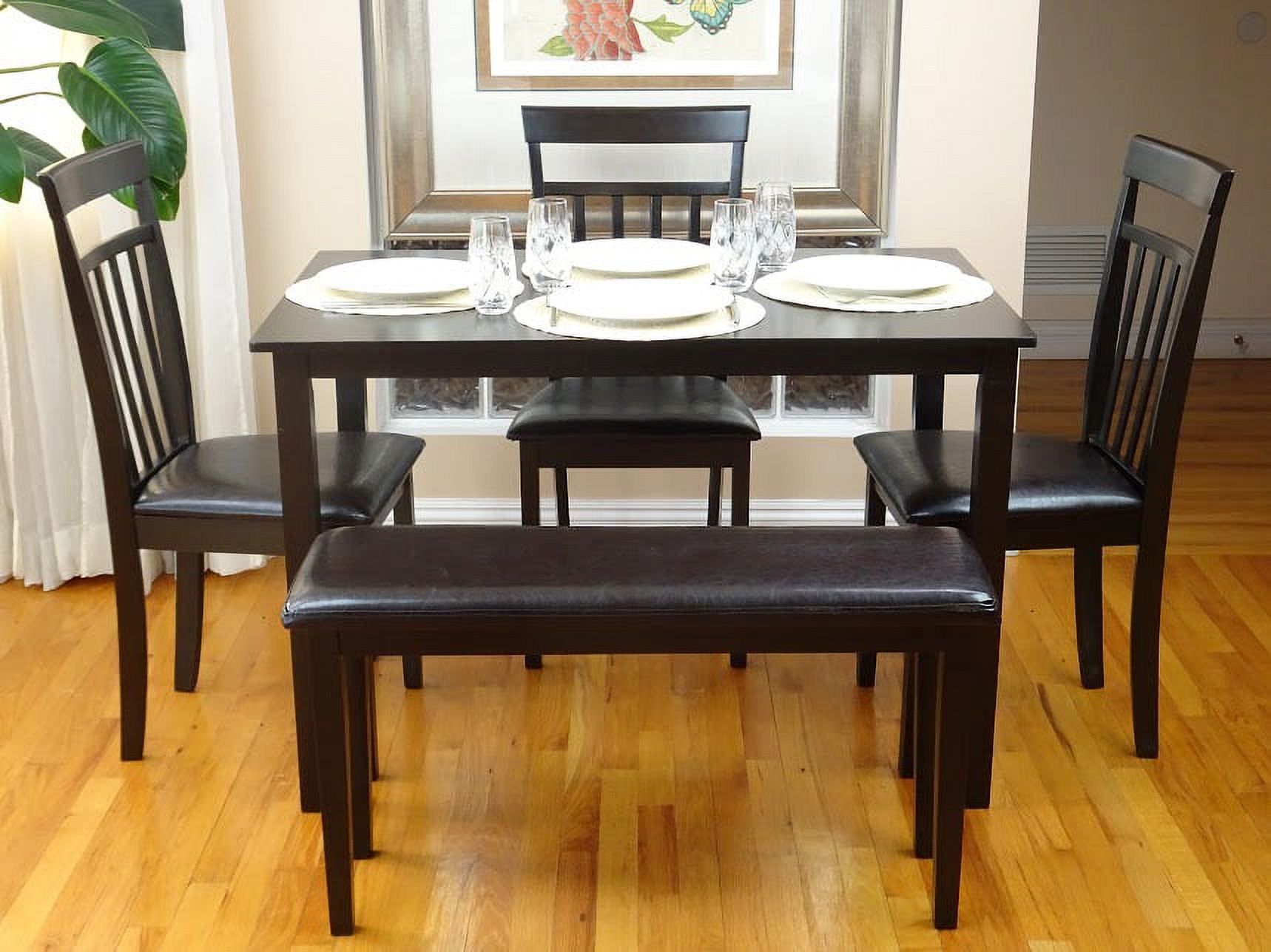 Espresso Rectangular Dining Table and 3 Wood Chairs and Stained Bench Y3134