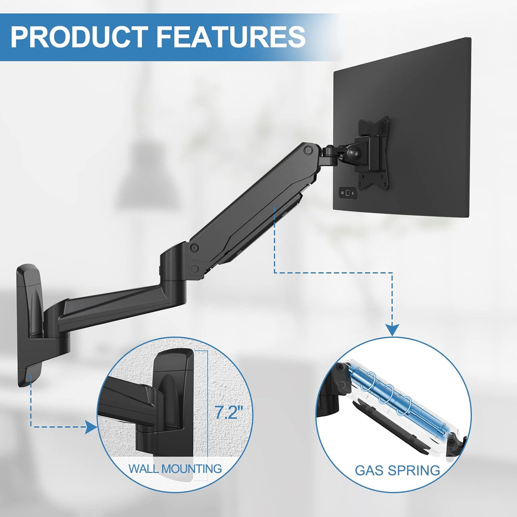 Single Wall Monitor Mount, Fully Adjustable Ultrawide Wall Mounted Monitor Arm, Full Motion Computer Wall Mount with Extendable Arm, Pack of 2 E16515