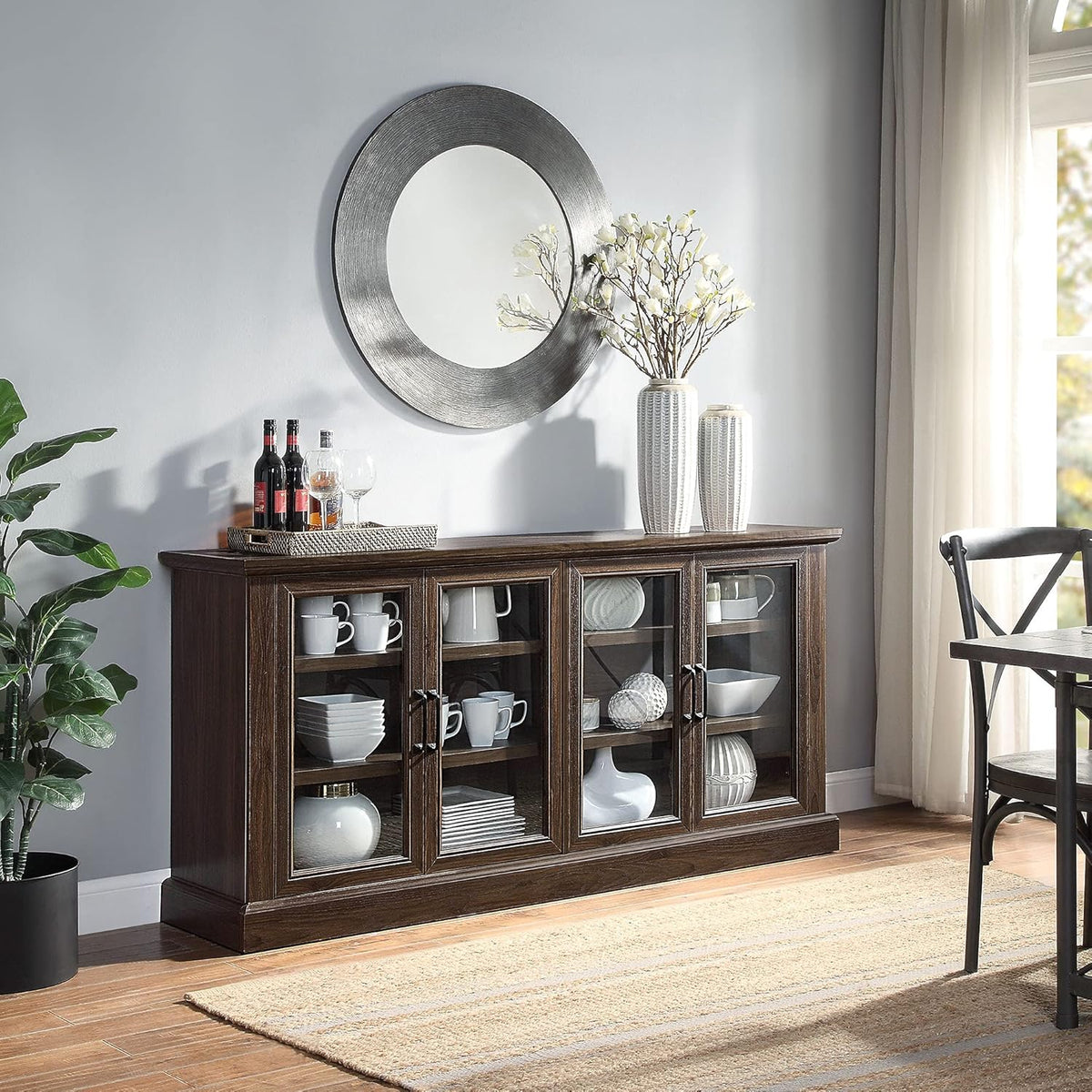 Farmhouse Wood Sideboard Buffet Entertainment Center with Storage Cabinet, Glass Doors, and Adjustable Shelves L146