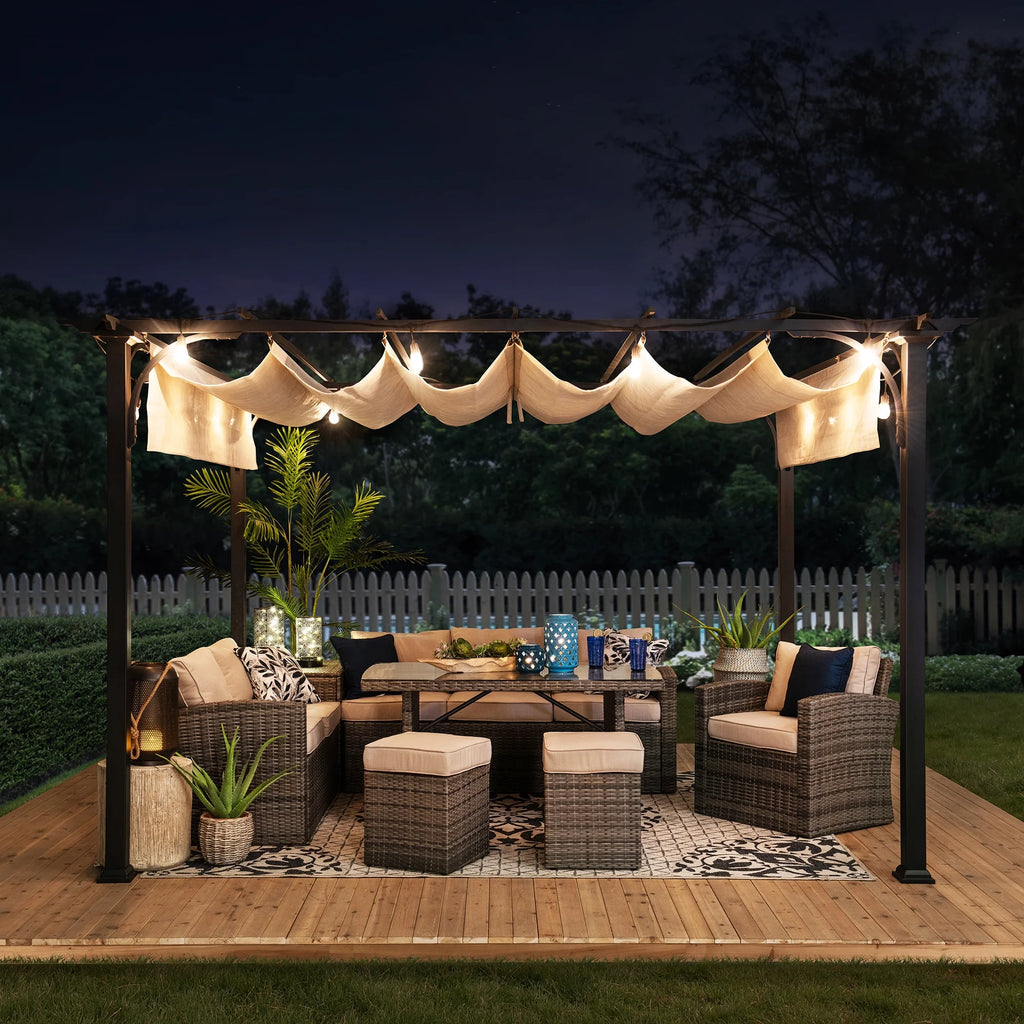 Black Steel Pergola with Adjustable Beige Shade Y160561