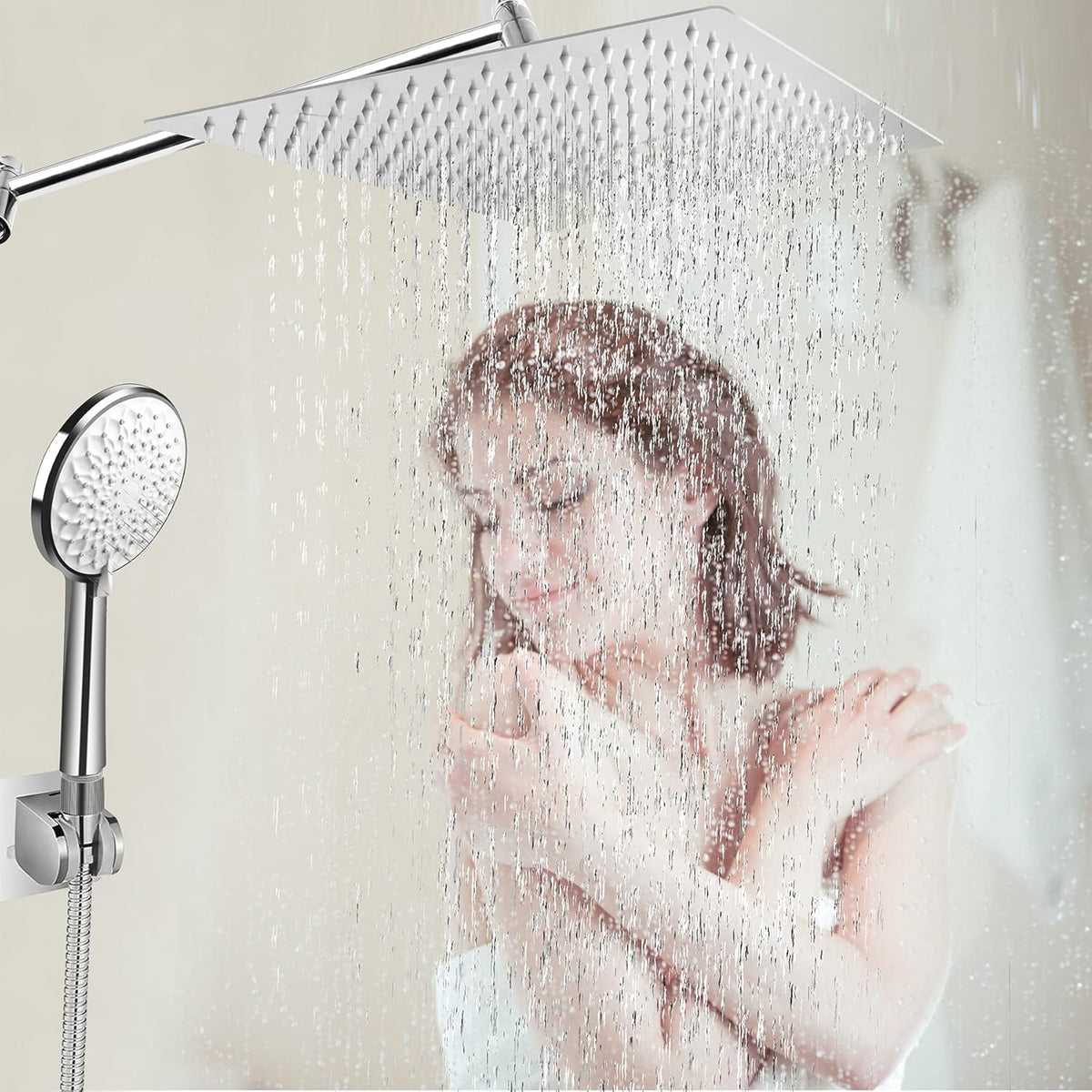 12 Inch Square Rain Shower Head with Handheld Shower Combo, 13.5" Extension Arm, 6-Setting Handheld Showerhead with Hose & Holder, Pack of 2 F8122
