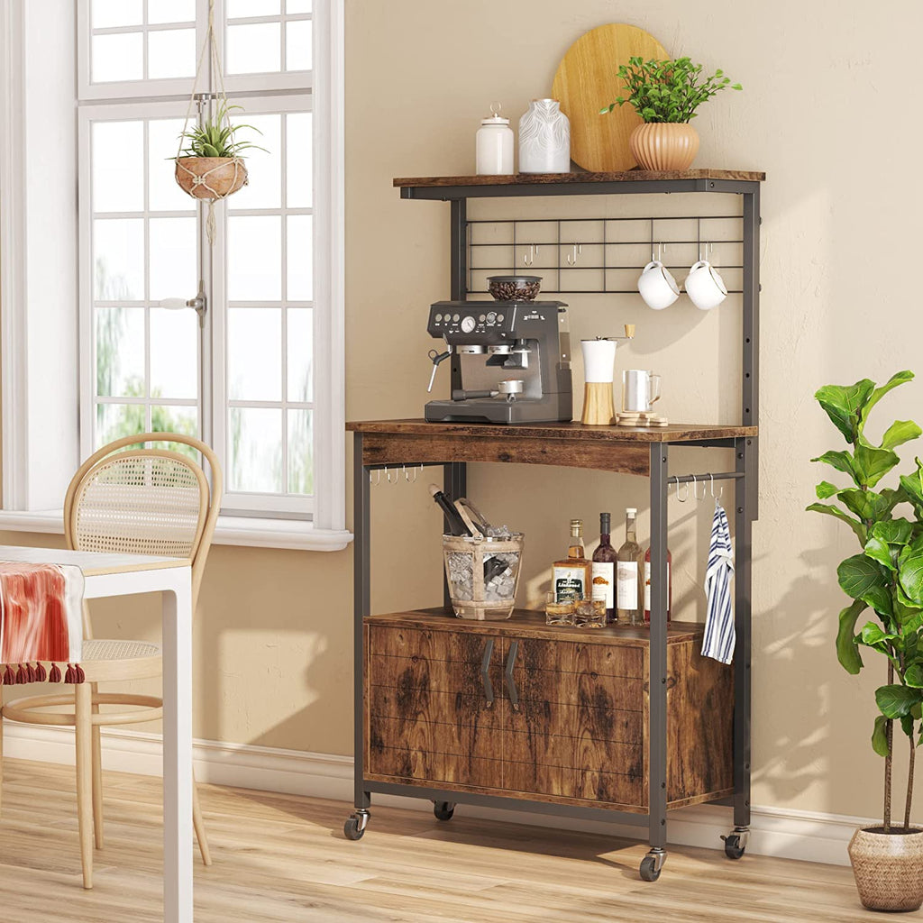 Rustic Brown Bakers Racks with Storage Cabinet, Height-Adjustable 45" to 55" Microwave Stand with Wheels & Feet H23204