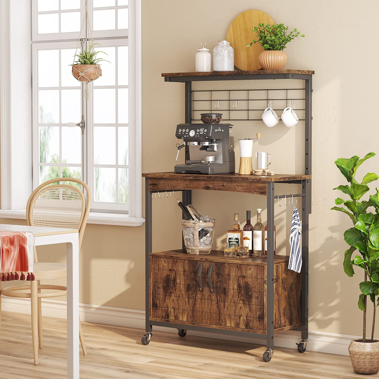 Rustic Brown Bakers Racks with Storage Cabinet, Height-Adjustable 45" to 55" Microwave Stand with Wheels & Feet H23204