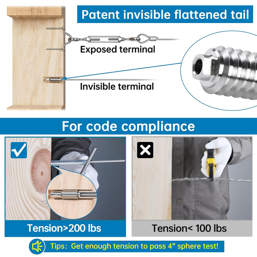 20Pack 1/8" Invisible Cable Railing Kit T316 Stainless Steel for Wood Posts Deck Stairs 10 Cable Lines H7689