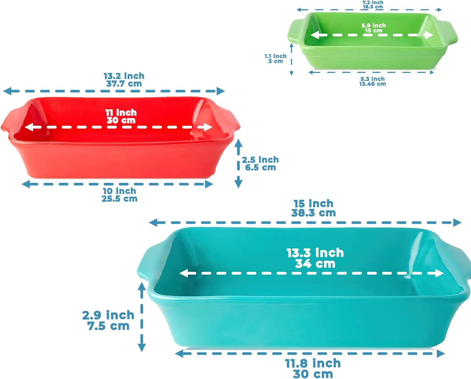 Ceramic Bakeware Set of 3 Stoneware Casserole Dish Rectangular Baking Pans E820