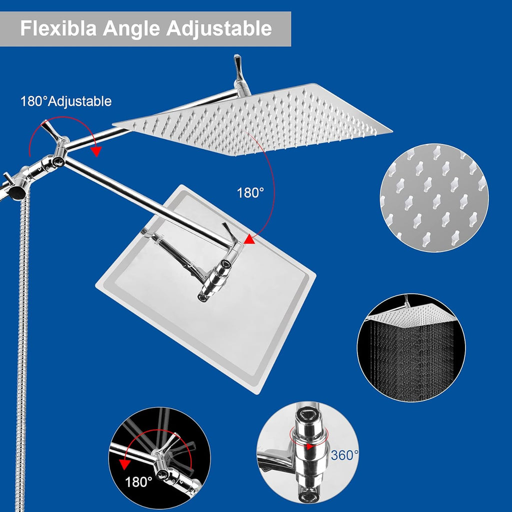 12 Inch Square Rain Shower Head with Handheld Shower Combo, 13.5" Extension Arm, 6-Setting Handheld Showerhead with Hose & Holder, Pack of 2 F8122