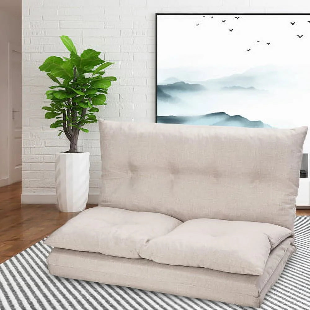 Beige Fabric Folding Chaise Lounge Sofa Floor Couch Q36774