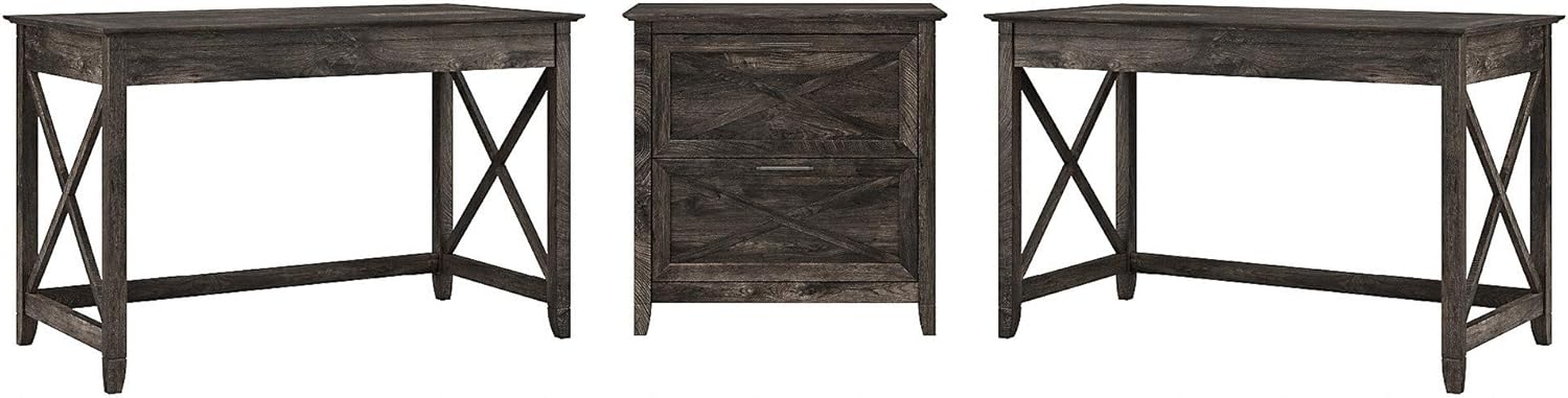 Reclaimed Pine 2 Person Desk Set with Lateral File Cabinet L80515