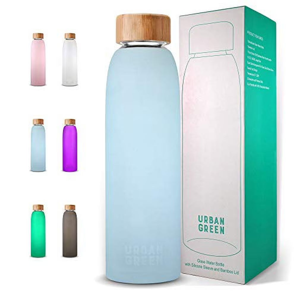 Glass Water Bottle with Protective Silicone Sleeve and Bamboo Lid, 18oz, 1 Extra 304 Stainless Steel Lid with Handle, BPA Free, Dishwasher Safe K68785