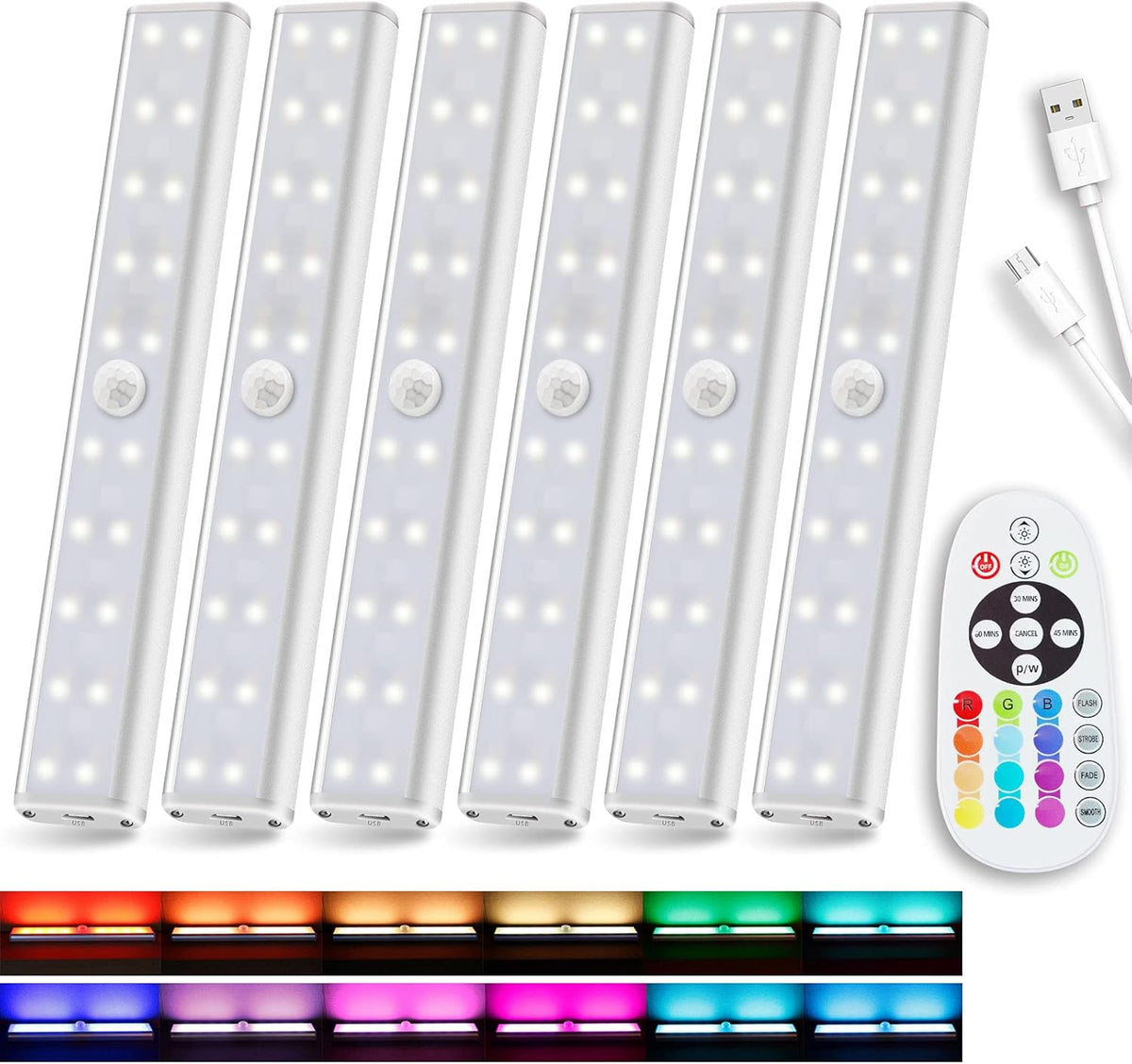 Rechargeable 48-LED Remote Lights, RGB Bar, 6 Pack L850387
