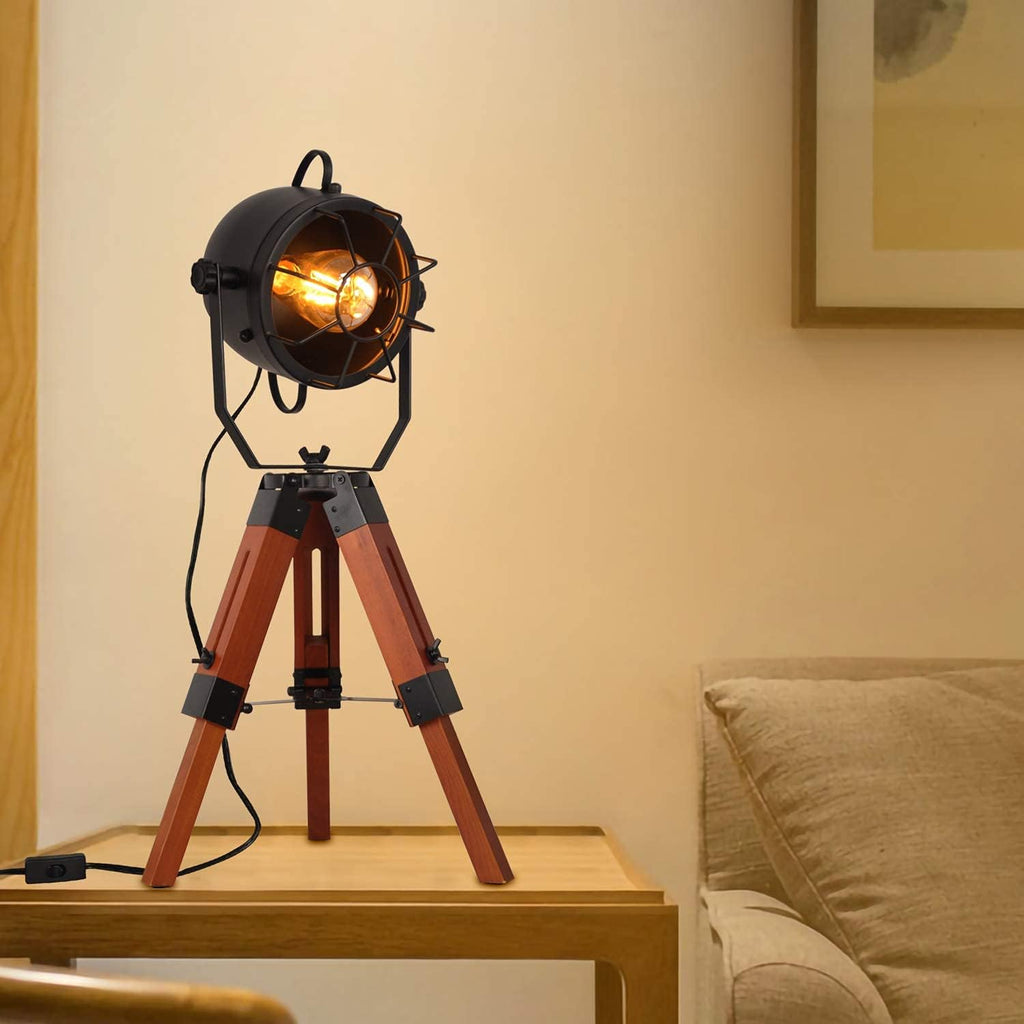 Vintage Adjustable Wood Tripod Floor Lamp with Black Cage Lampshade I835