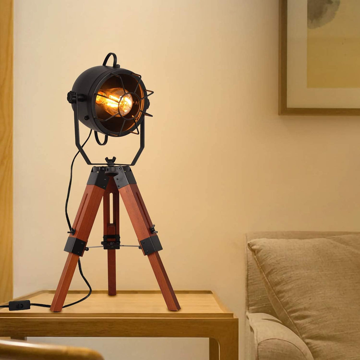 Vintage Adjustable Wood Tripod Floor Lamp with Black Cage Lampshade I835