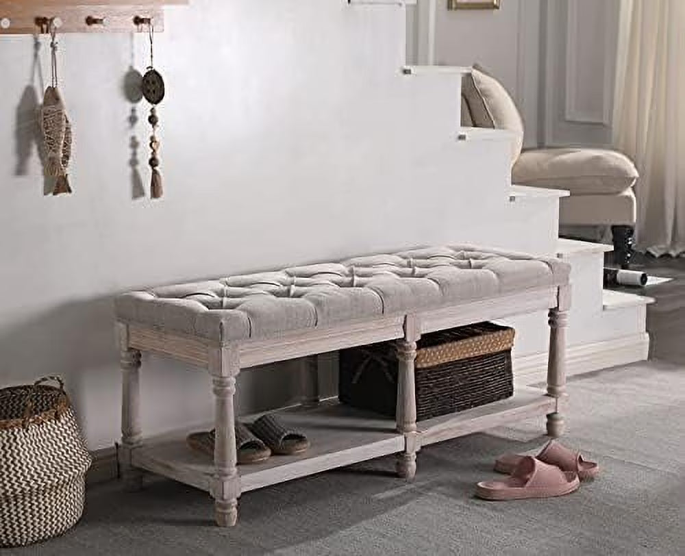 Beige Tufted Wood Entryway Bench W5675