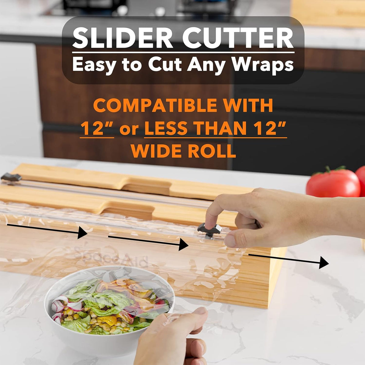 2 in 1 Wrap Dispenser with Cutter and Labels, Bamboo Roll Organizer Holder, Pack of 2 U319838