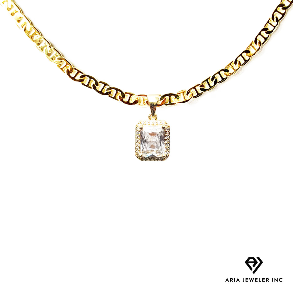 14K Bonded Gold Mariner Chain Necklace with Diamond Charm and Gift Box/Bag F3435