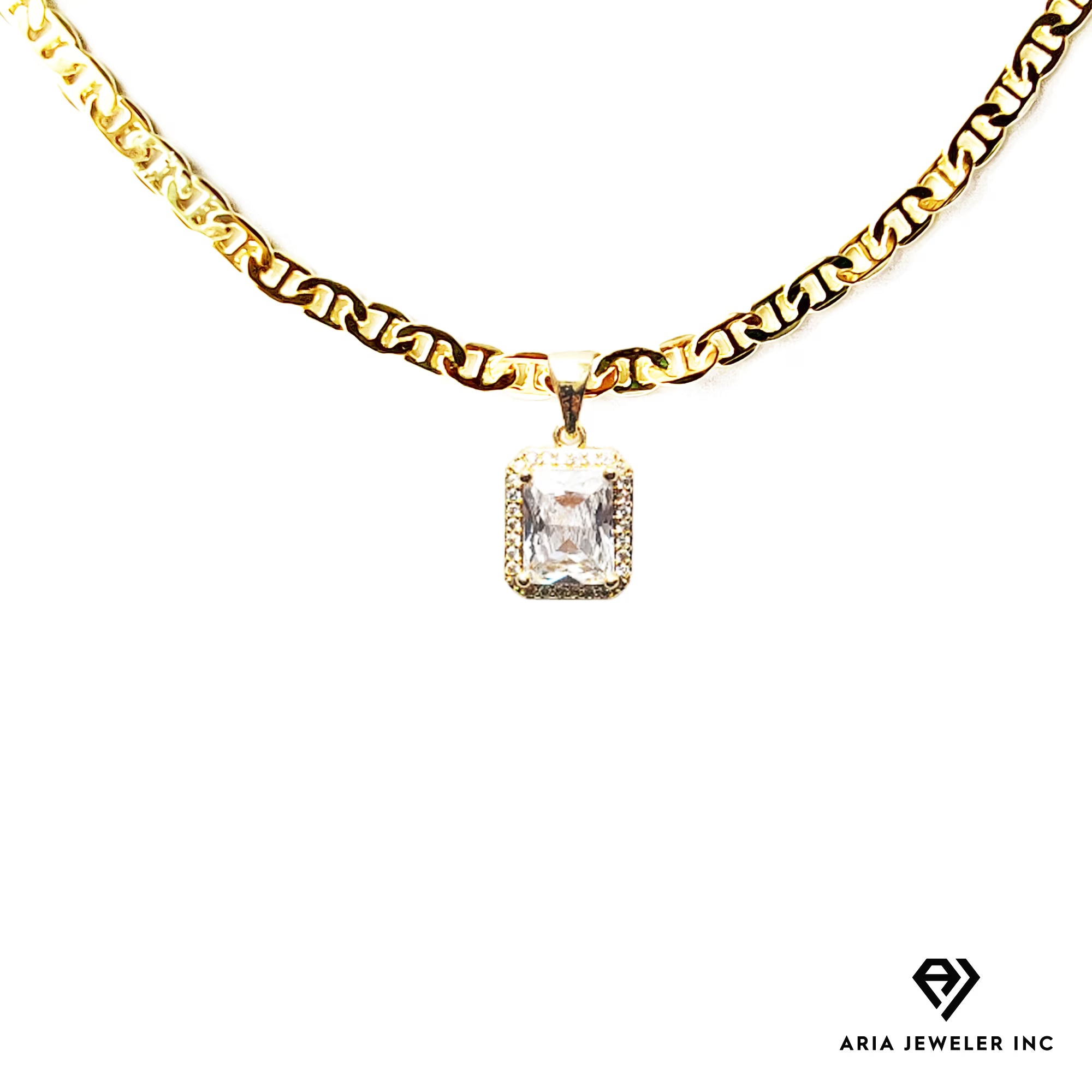14K Bonded Gold Mariner Chain Necklace with Diamond Charm and Gift Box/Bag F3435