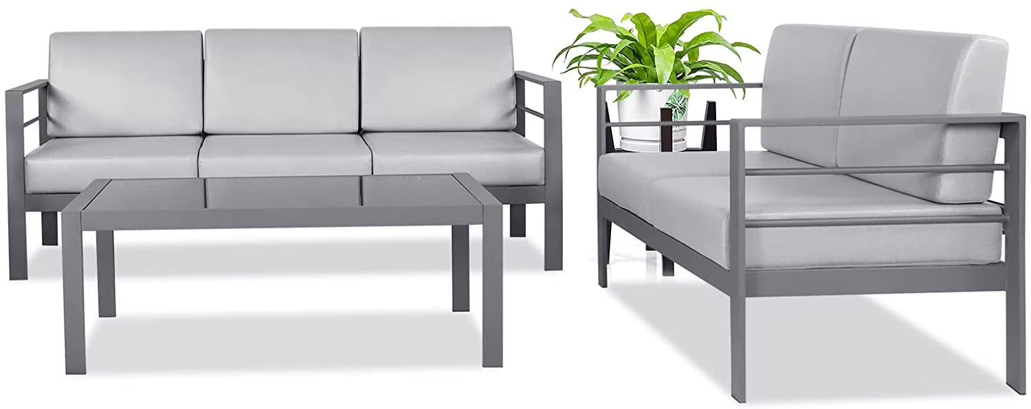 Metal Patio Sectional Sofa with Waterproof Cushion and Coffee Table（3 Pieces） W172150