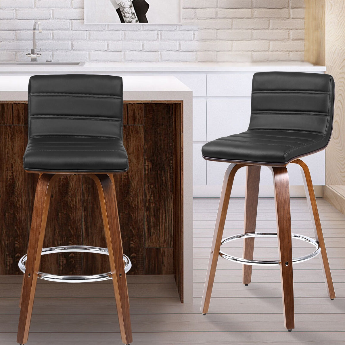 Swivel Wood Bar Stools PU Leather Upholstered Counter Stools Set of 2 Black Total Height 39.4" S442