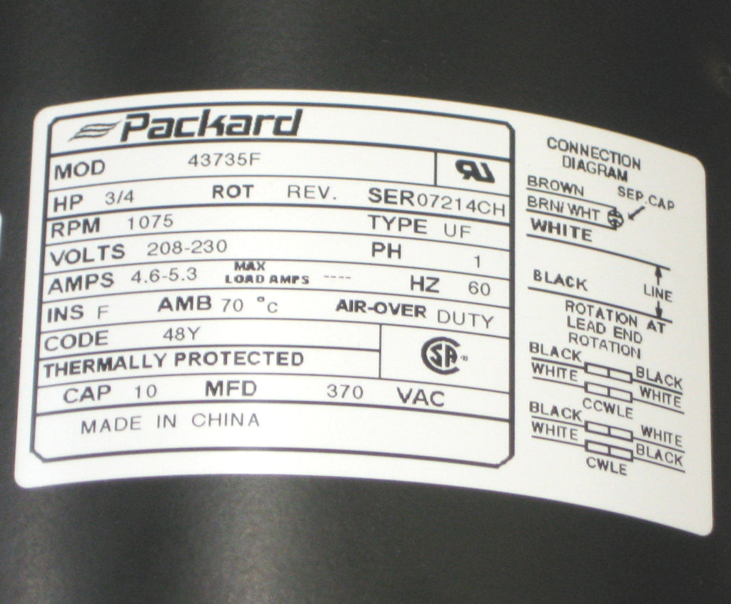 5-5/8-inch High Temp. Condenser Fan Motor, 1075 RPM, 3/4 HP (208-230V) M453963