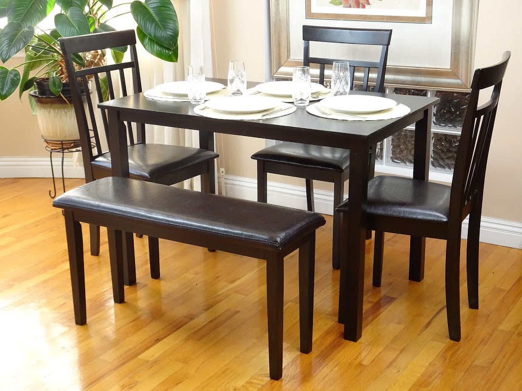 Espresso Rectangular Dining Table and 3 Wood Chairs and Stained Bench Y3134