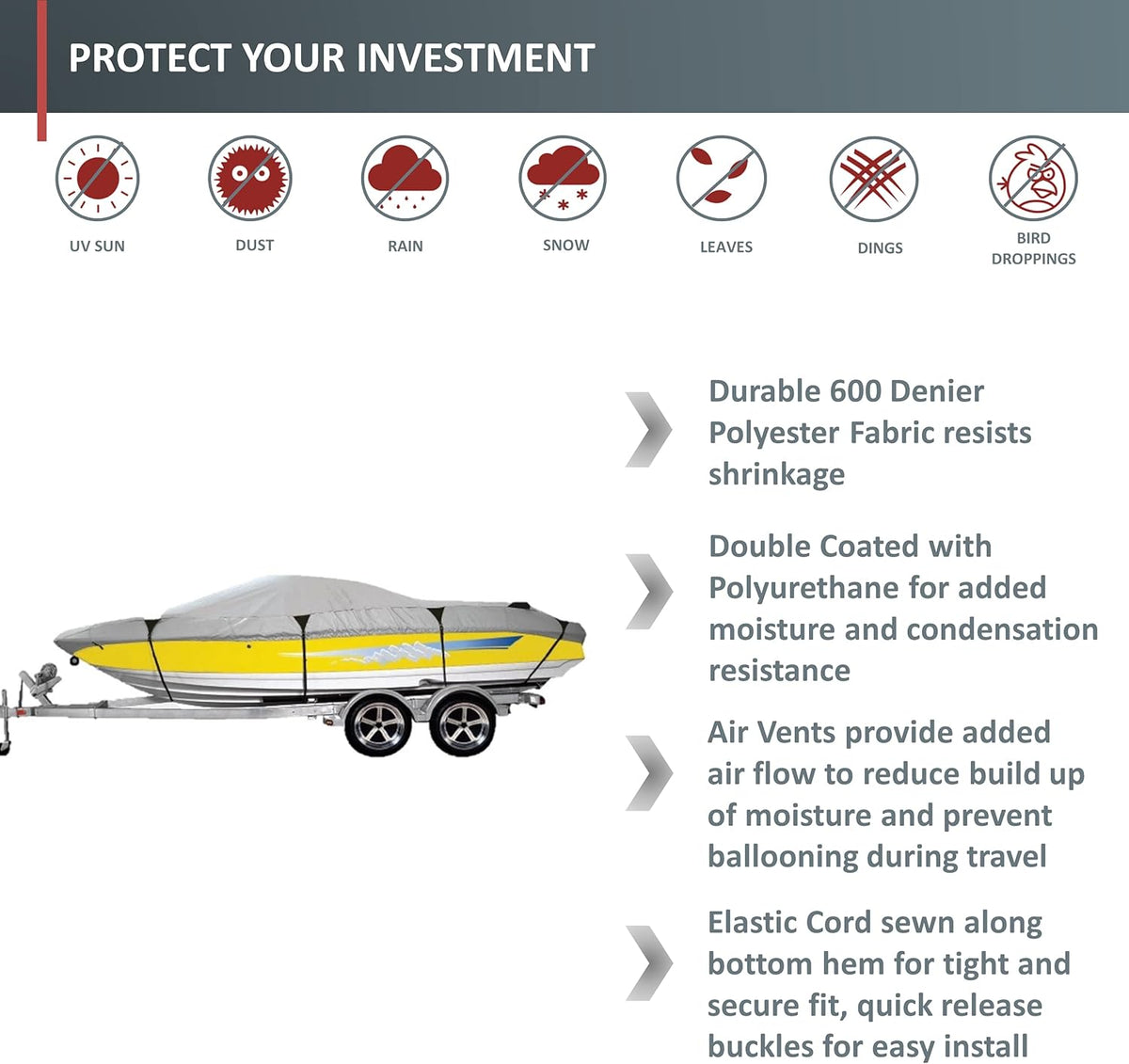 600 Denier Boat Cover for Bass Boats Fish Ski Boats 16Ft to 18.5Ft M70352