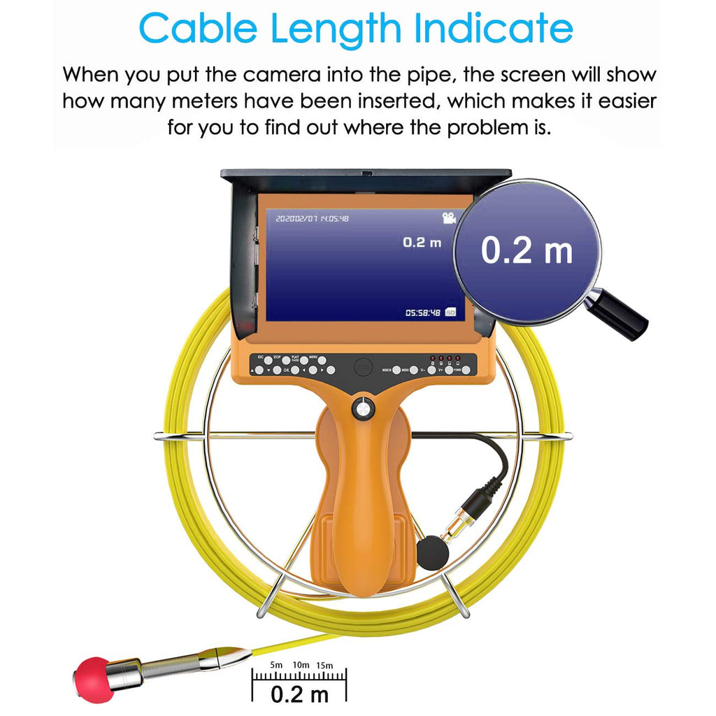 Sewer Camera with Distance Counter and DVR, Pipe Inspection Camera Video System IP68 Waterproof 7TFT Monitor 30M/100ft (8GB SD Card Include) X853995