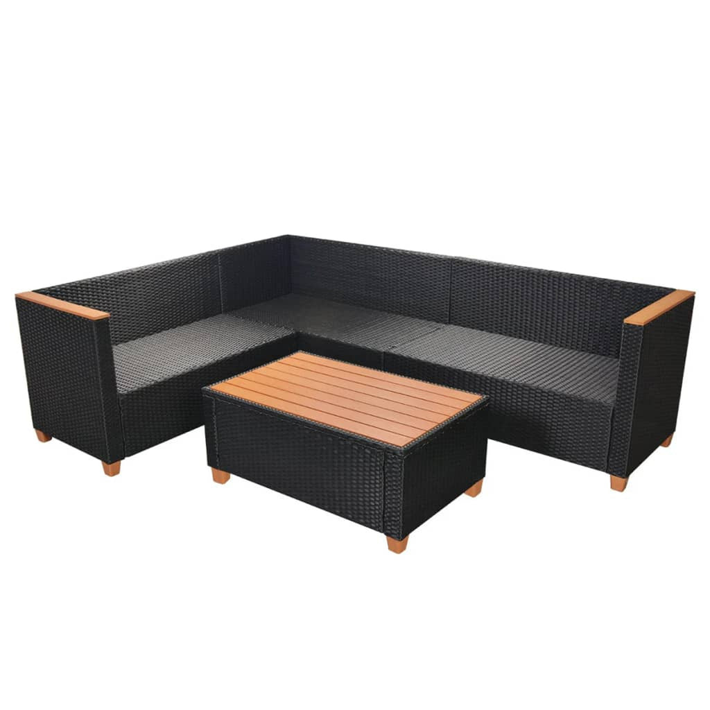 4 Piece Patio Lounge Set with White Cushions Black Poly Rattan 2-Seater Sofas with Corner Sofa and Coffee Table Q762