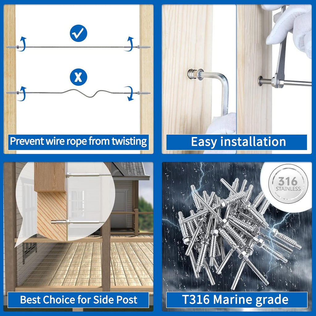 10Pair 3/16 T316 Cable Railing Kit Threaded Stud Hardware Y221