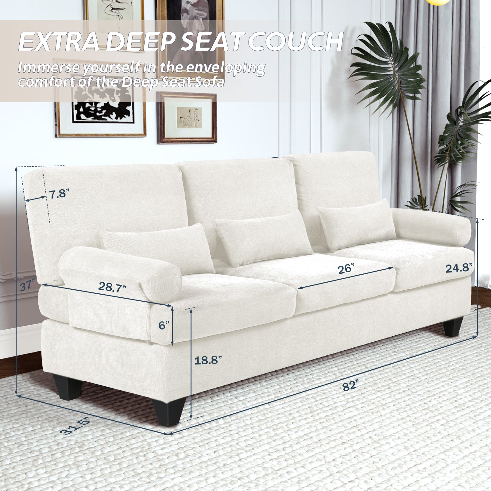 82" 3-seat Deep Seat Sofa with 3 Soft Pillows Z9426