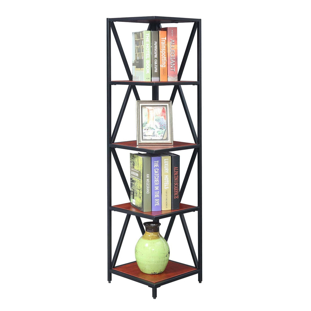 Cherry/Black Metal 5 Tier Corner Bookcase J913