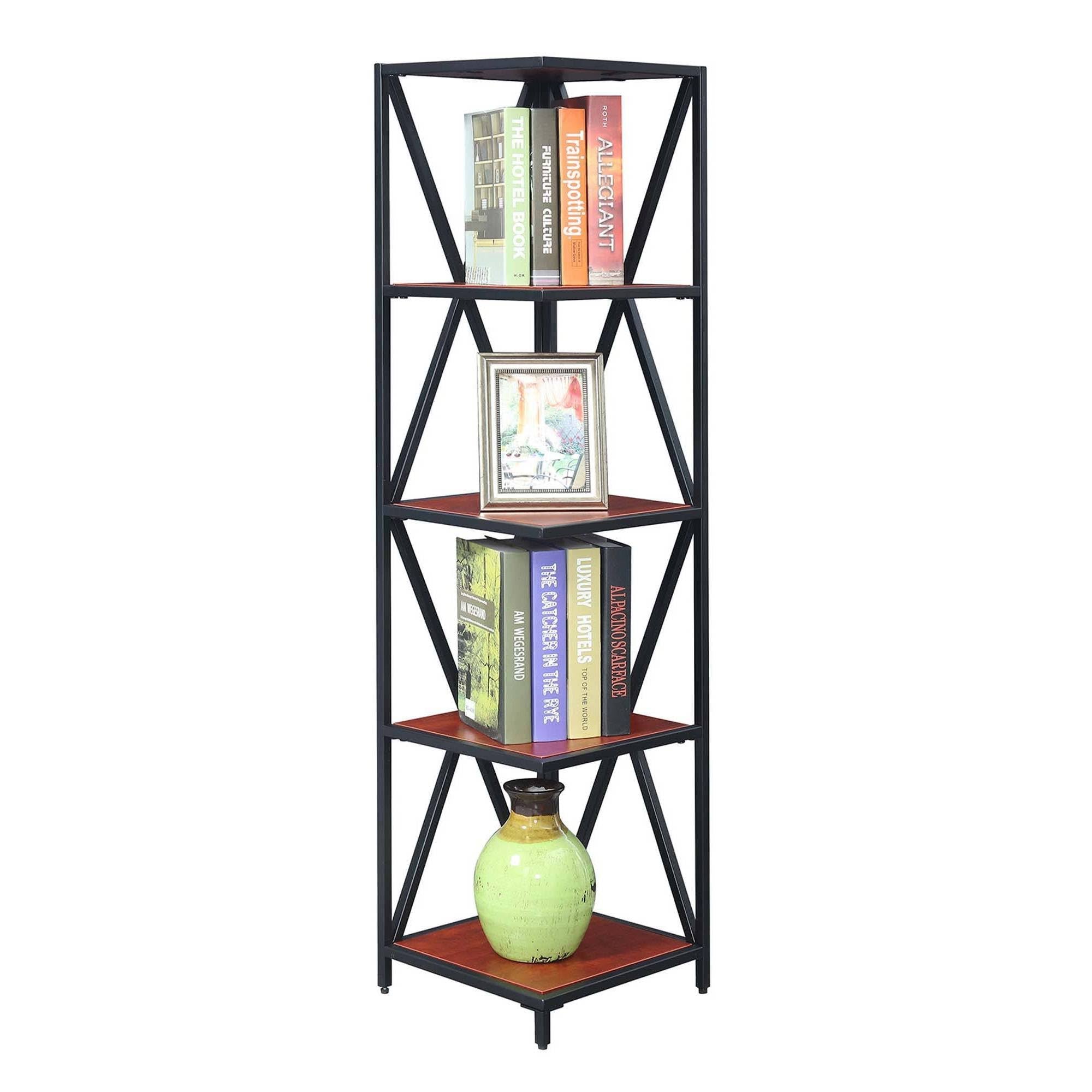 Cherry/Black Metal 5 Tier Corner Bookcase J913