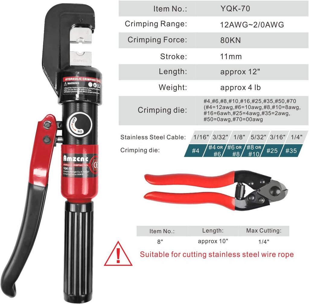Hydraulic Hand Crimper Tool for Stainless Steel Cable Railing Fittings for 1/16" 1/8" 3/16" 1/4" Cable, 8 Ton, Stainless Steel Cable Cutter Pack of 2 Q224
