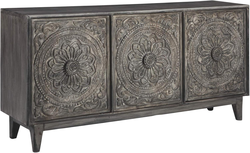 Dark Gray Hand Carved Wood Accent Cabinet Z678634