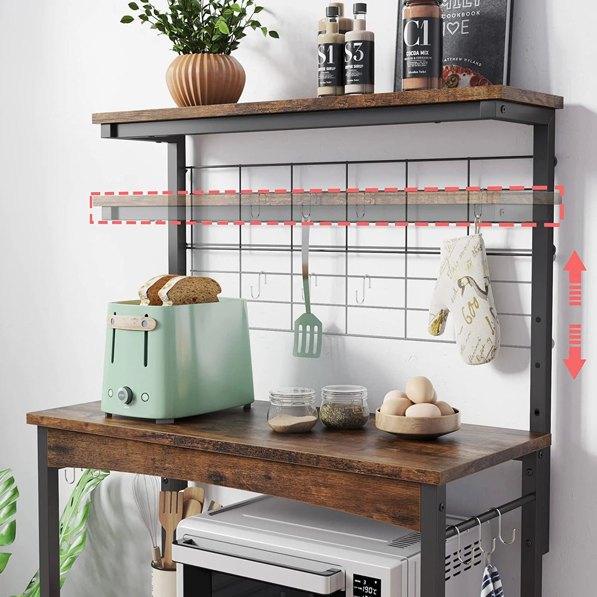 Rustic Brown Bakers Racks with Storage Cabinet, Height-Adjustable 45" to 55" Microwave Stand with Wheels & Feet H23204