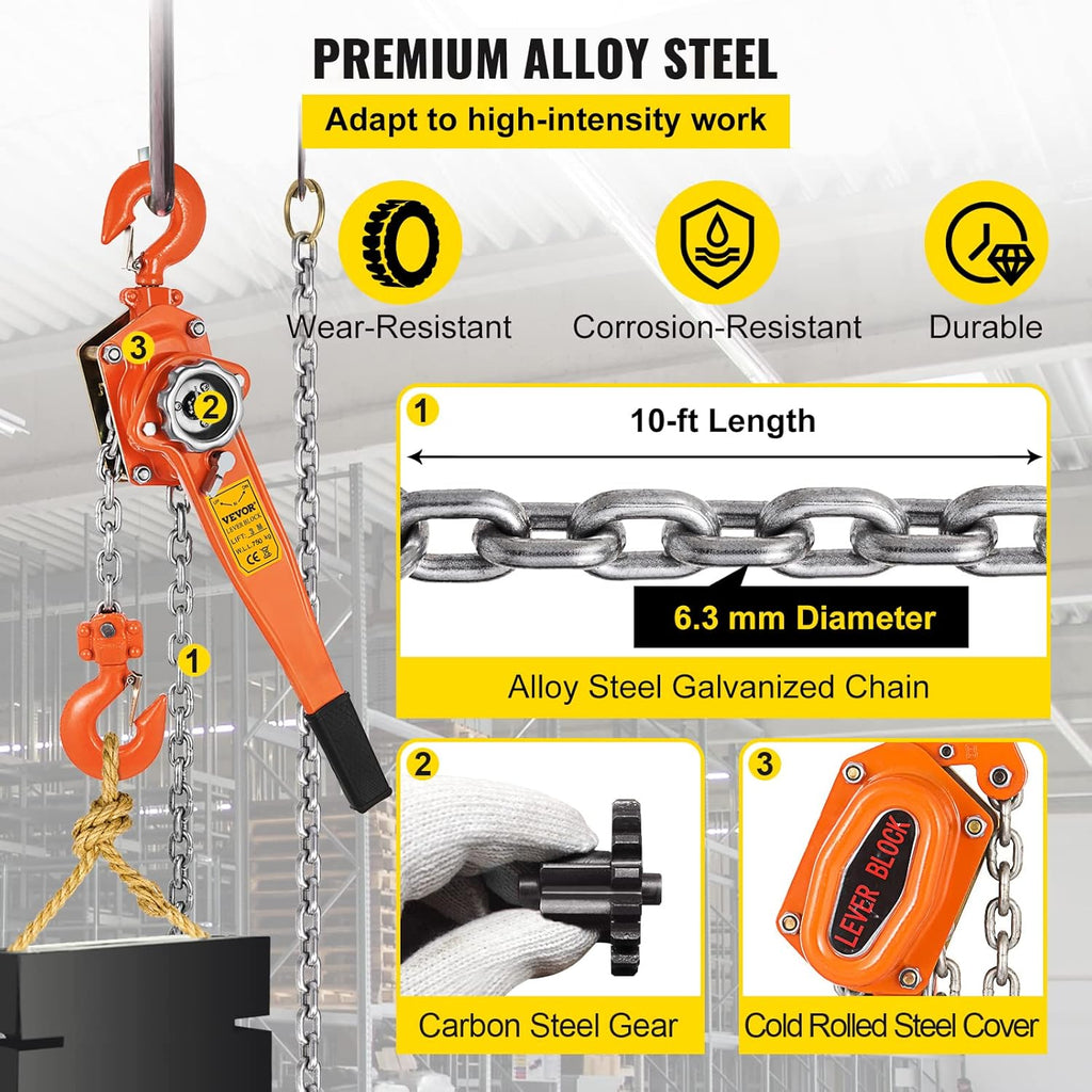 0.75Ton 1650lbs Capacity Ratchet Puller with 10FT Lifting Height, Heavy Duty Steel Hooks, Pack of 2 C599