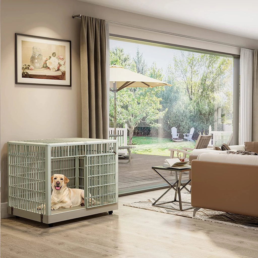 38" ABS Plastic Dog Crate Kennel Cage with Lockable Wheels and Double Door O743