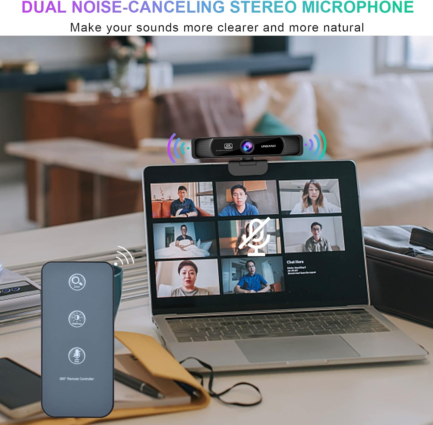 4K Webcam with Remote Control, Full HD, Auto-Focus 120° Wide Angle, Dual Noise Reduction Mics, Pack of 2 Q6034