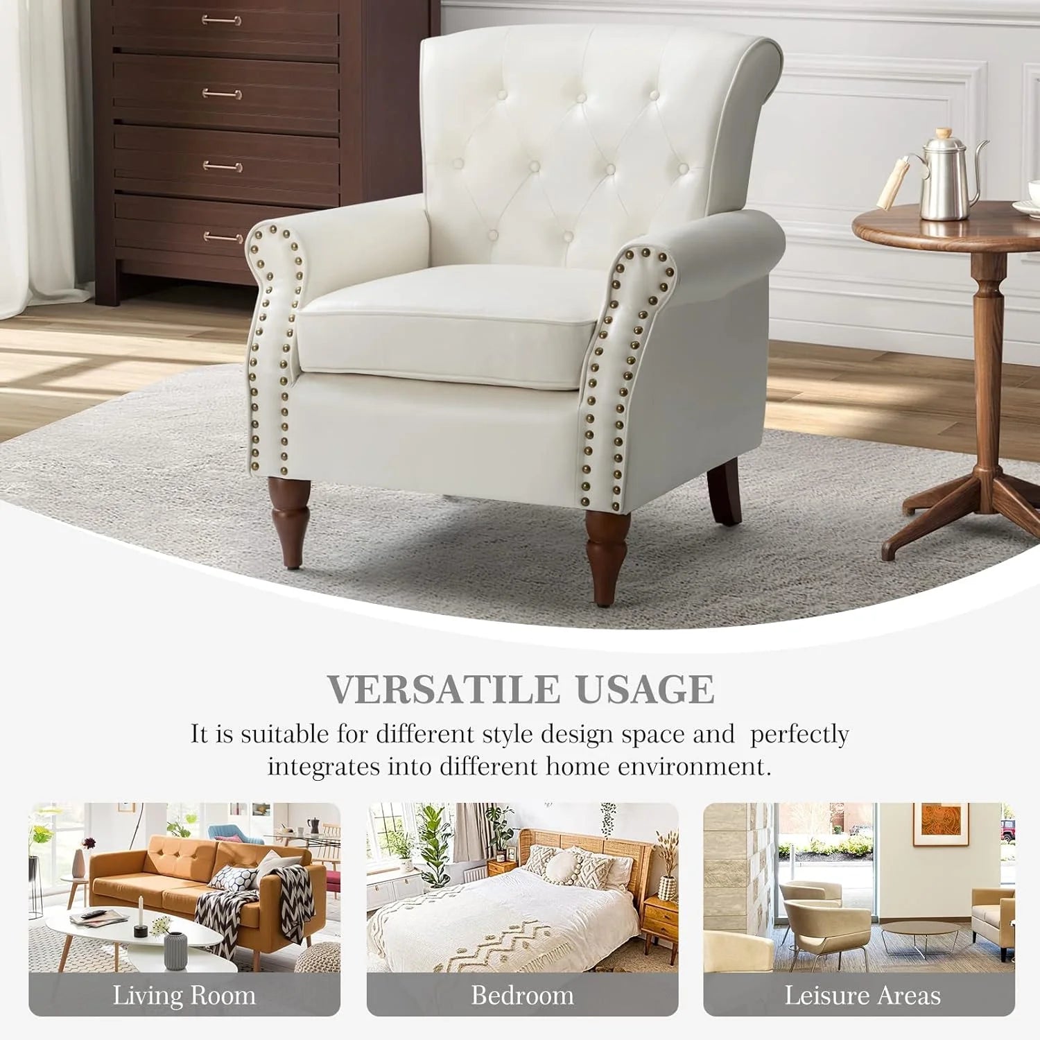 Ivory Faux Leather Accent Chair with Solid Wood Legs L17162