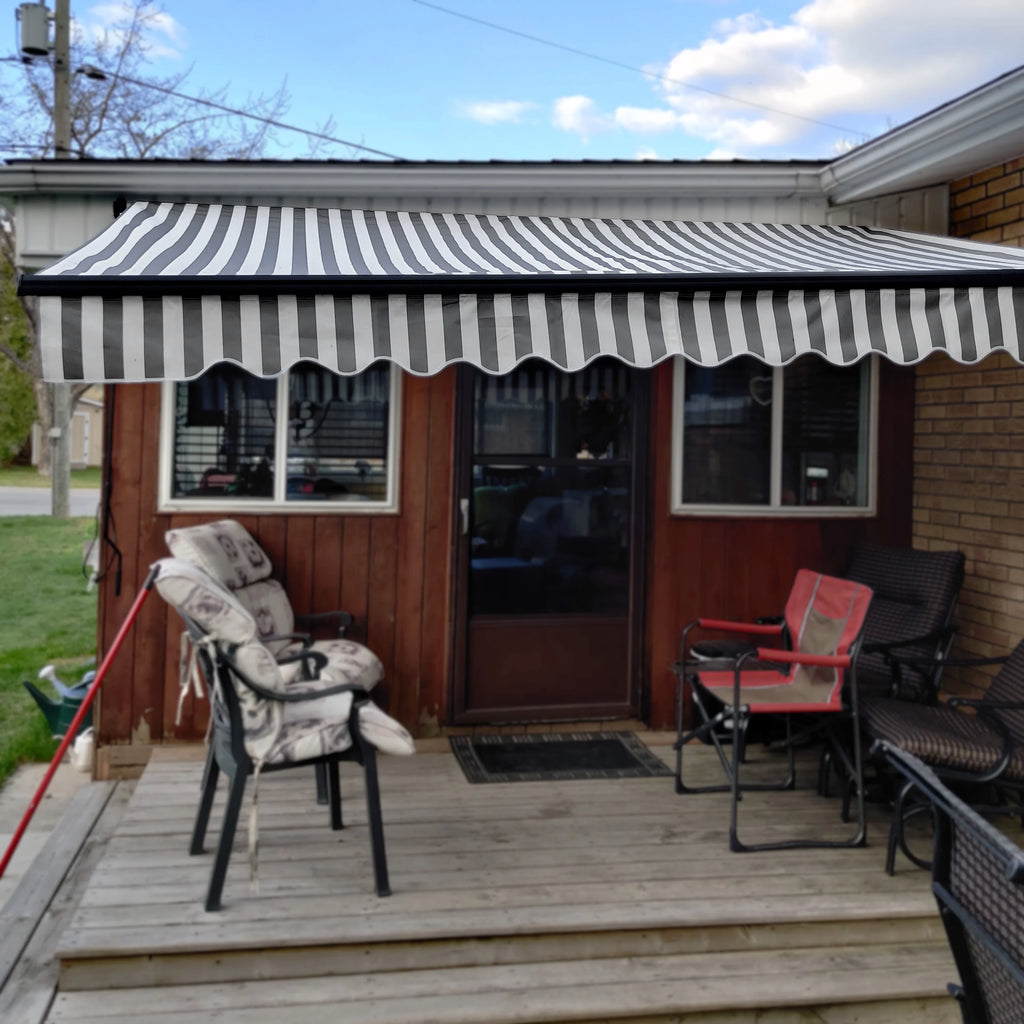 Grey White Striped Motorized Retractable Patio Awning I37924