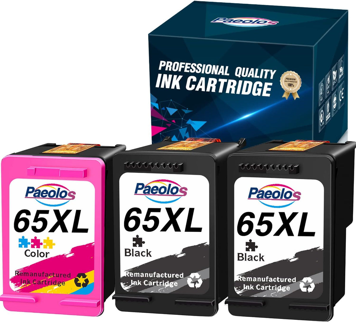 65XL Ink Cartridge Replacement for HP Printers (2 Black, 1 Tri-Color) Pack of 2 B218187