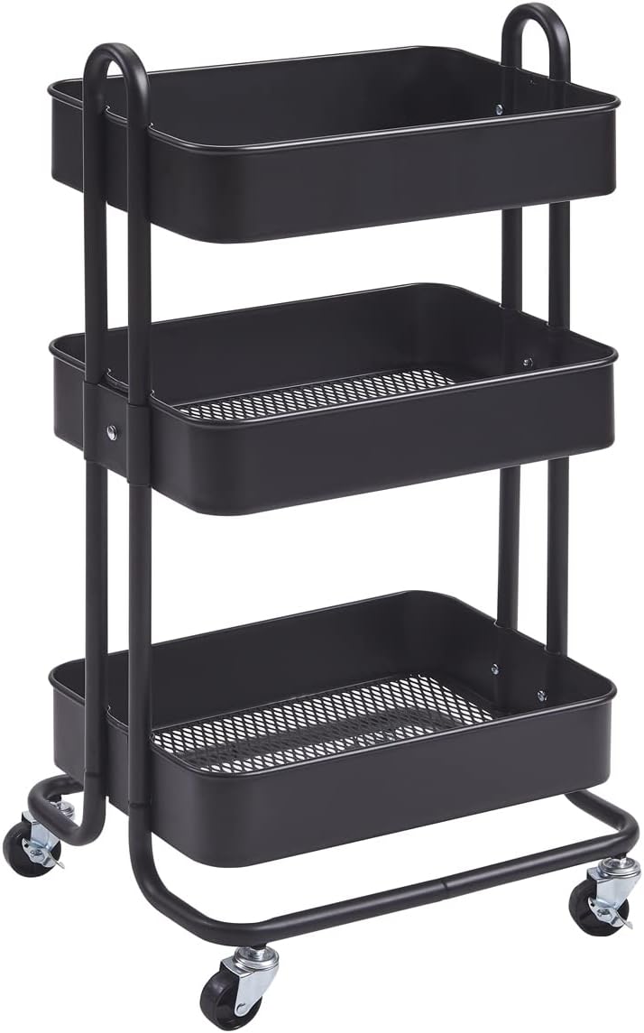 3-Tier Black Metal Rolling Utility Cart M5547