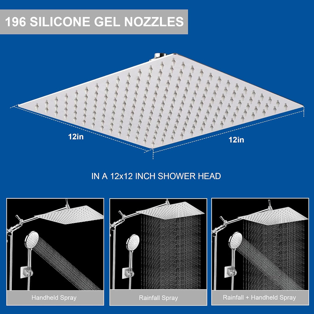 12 Inch Square Rain Shower Head with Handheld Shower Combo, 13.5" Extension Arm, 6-Setting Handheld Showerhead with Hose & Holder, Pack of 2 F8122