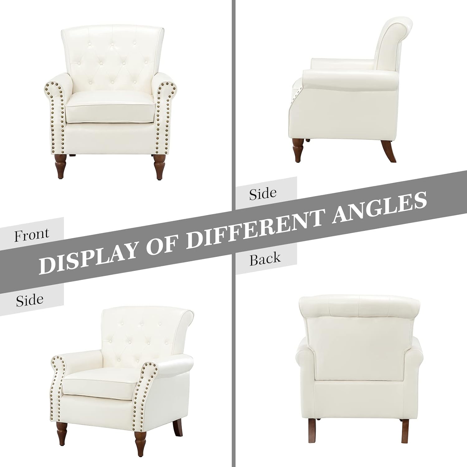 Ivory Faux Leather Accent Chair with Solid Wood Legs L17162
