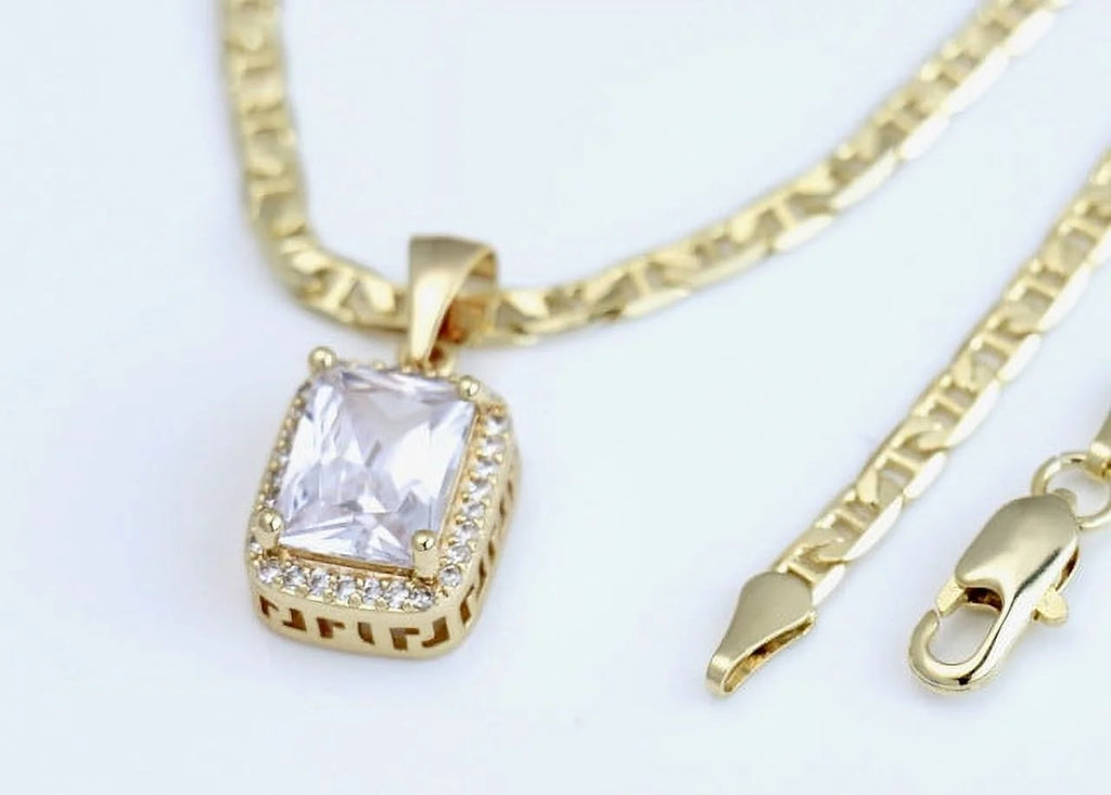 14K Bonded Gold Mariner Chain Necklace with Diamond Charm and Gift Box/Bag F3435