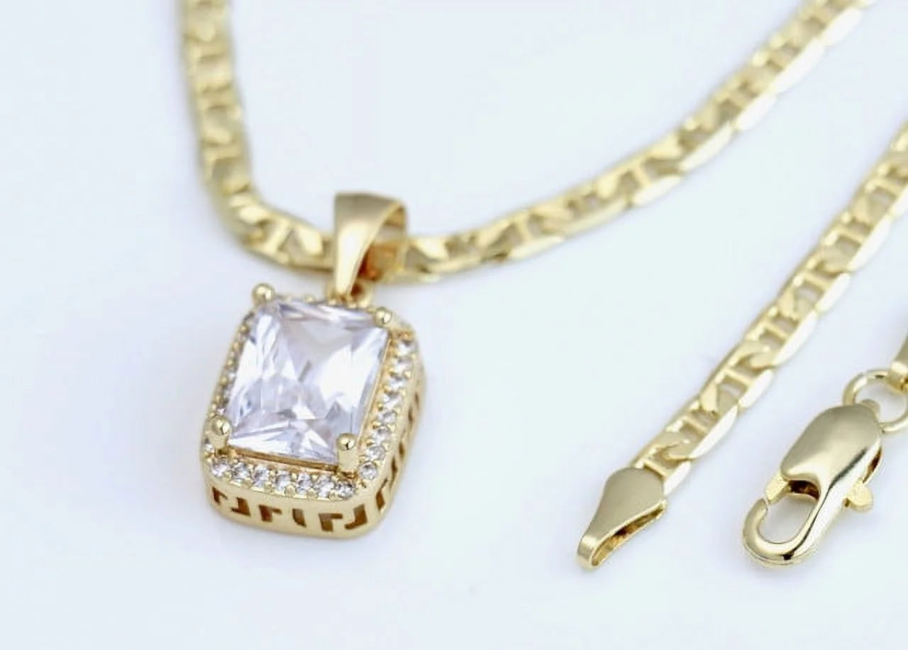 14K Bonded Gold Mariner Chain Necklace with Diamond Charm and Gift Box/Bag F3435