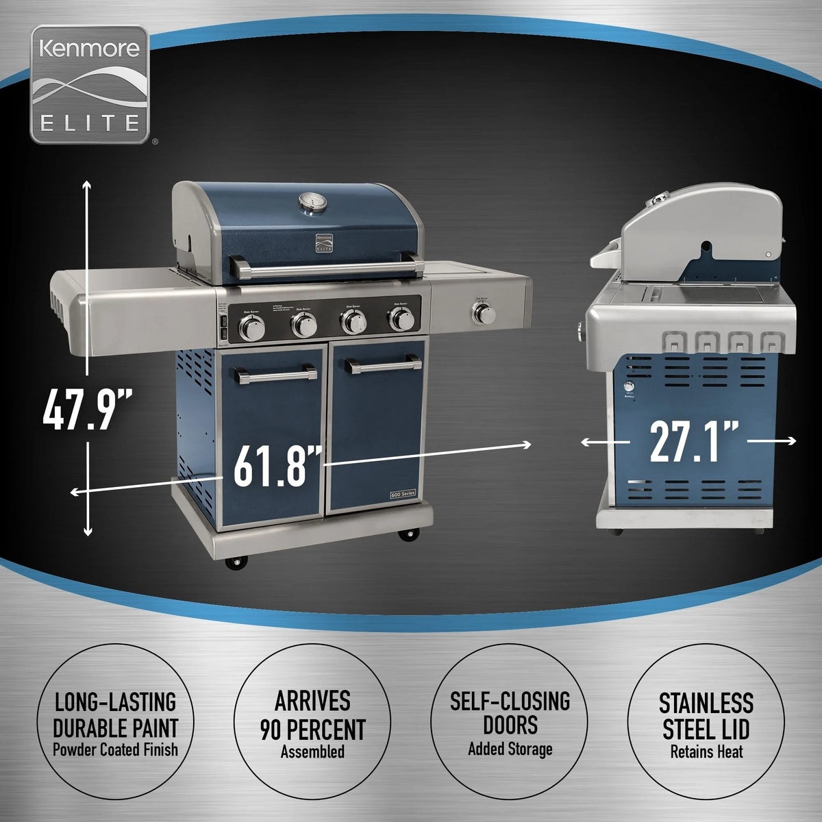 4 Burners Gas Grill with Side Burner, 64,000-BTU, Gunmetal P638